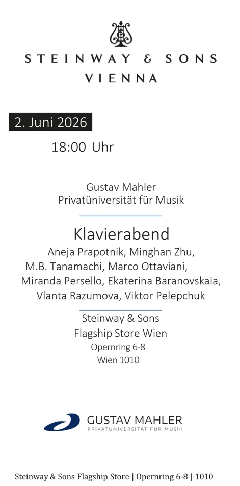 Poster for the GMPU piano evening at Steinway & Sons Vienna, 2 June 2026